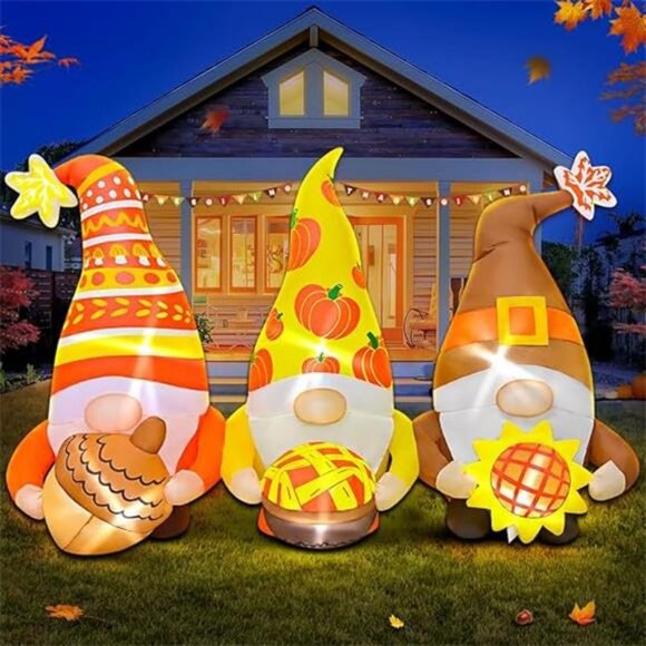 6FT Thanksgiving Inflatables Decorations Three Gnomes Blow Up with LED Lights - Picture 7 of 7